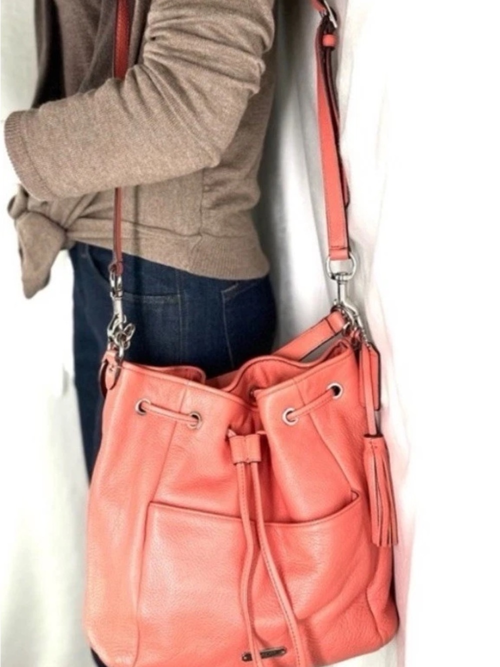 VTG Coach Avery F27003 Coral Leather Drawstring Crossbody Shoulder Bag AUTHENTIC - Picture 13 of 15